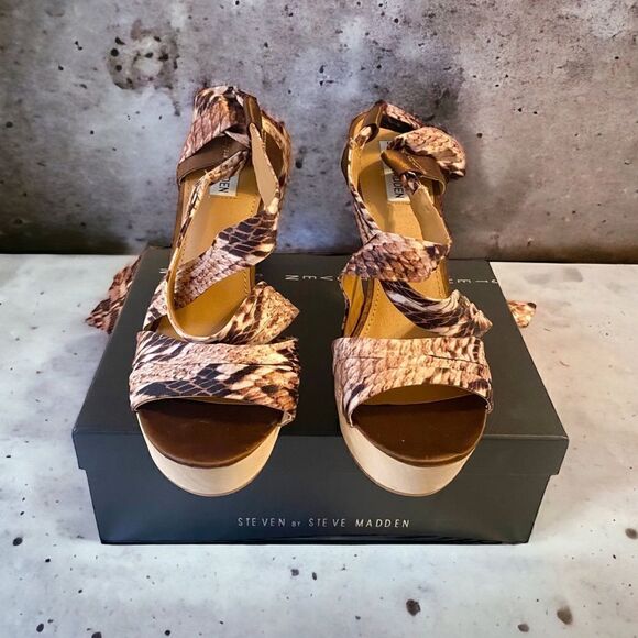 Women’s Steve Madden Quinn Tie Up Wedge Size 10 Brown Tan Silk Wrap Sandal - Picture 4 of 9